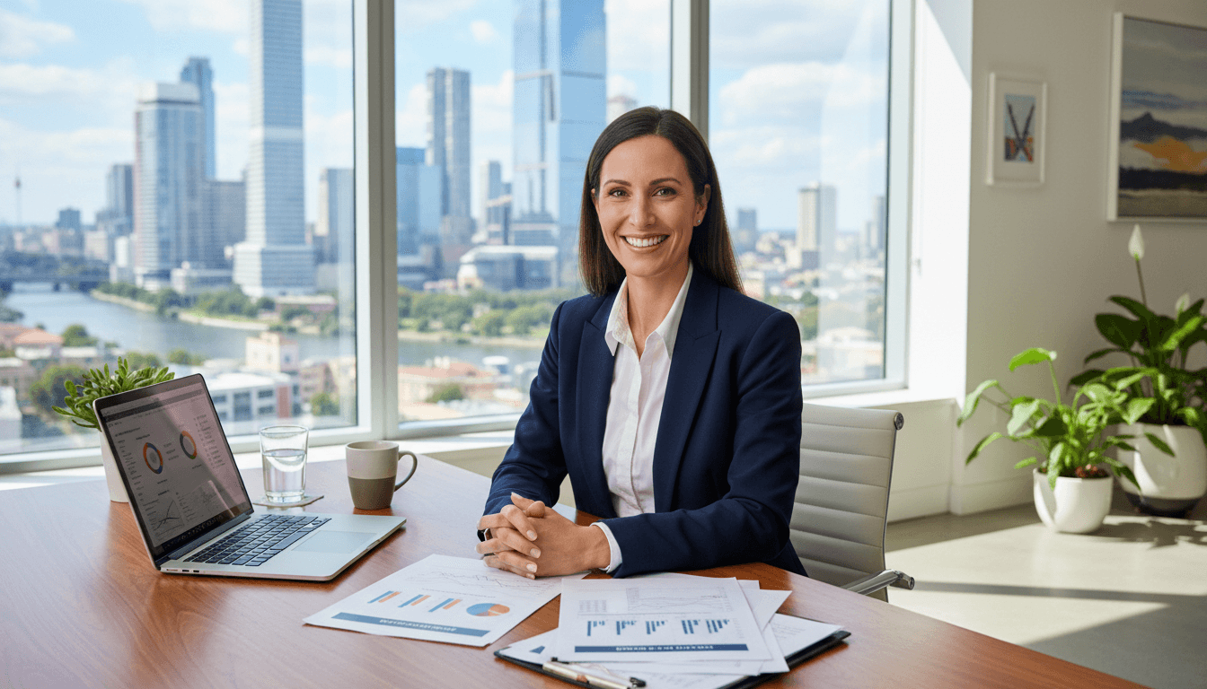 Business owner smiling in modern office with cityscape background.